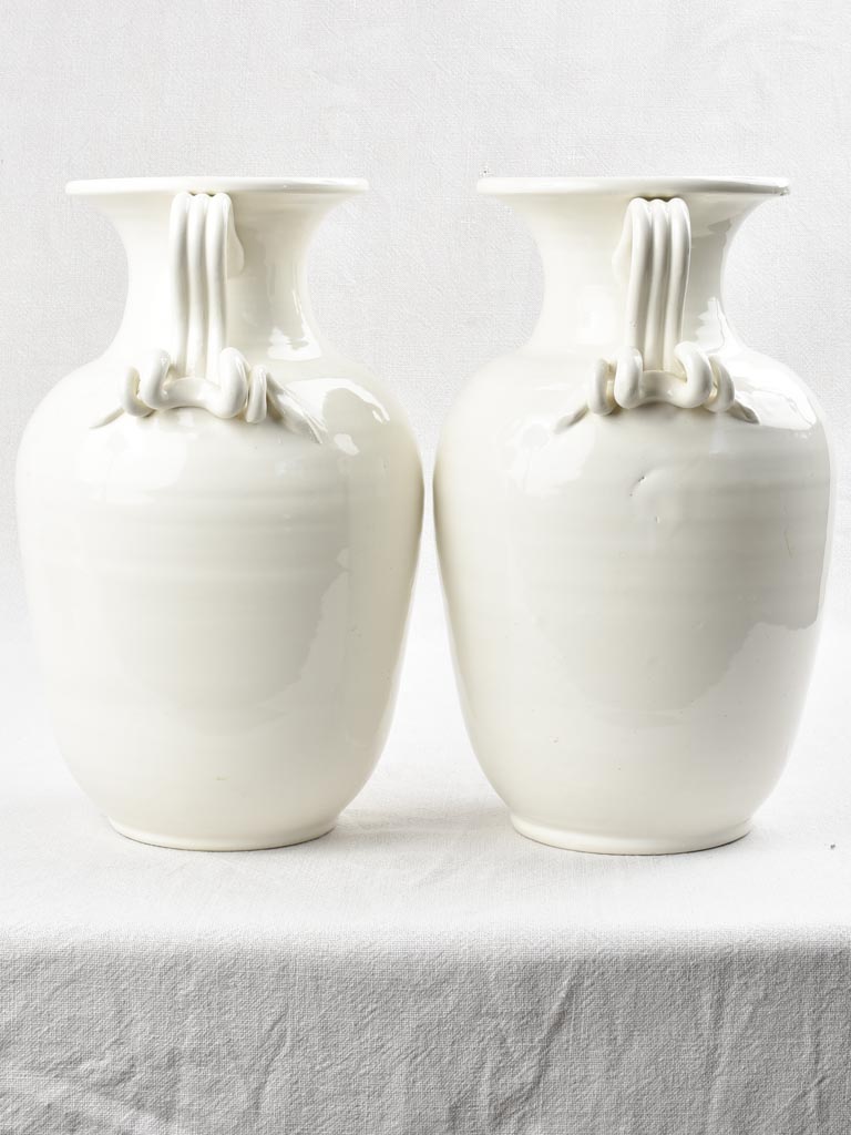 Pair white Emile Tessier vases with coil handles 14¼"