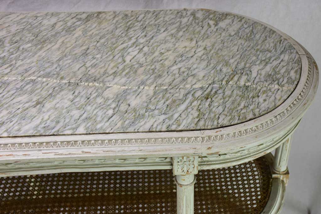 Antique French Louis XVI style oval side table with marble and cane 32¼" x 15¾"