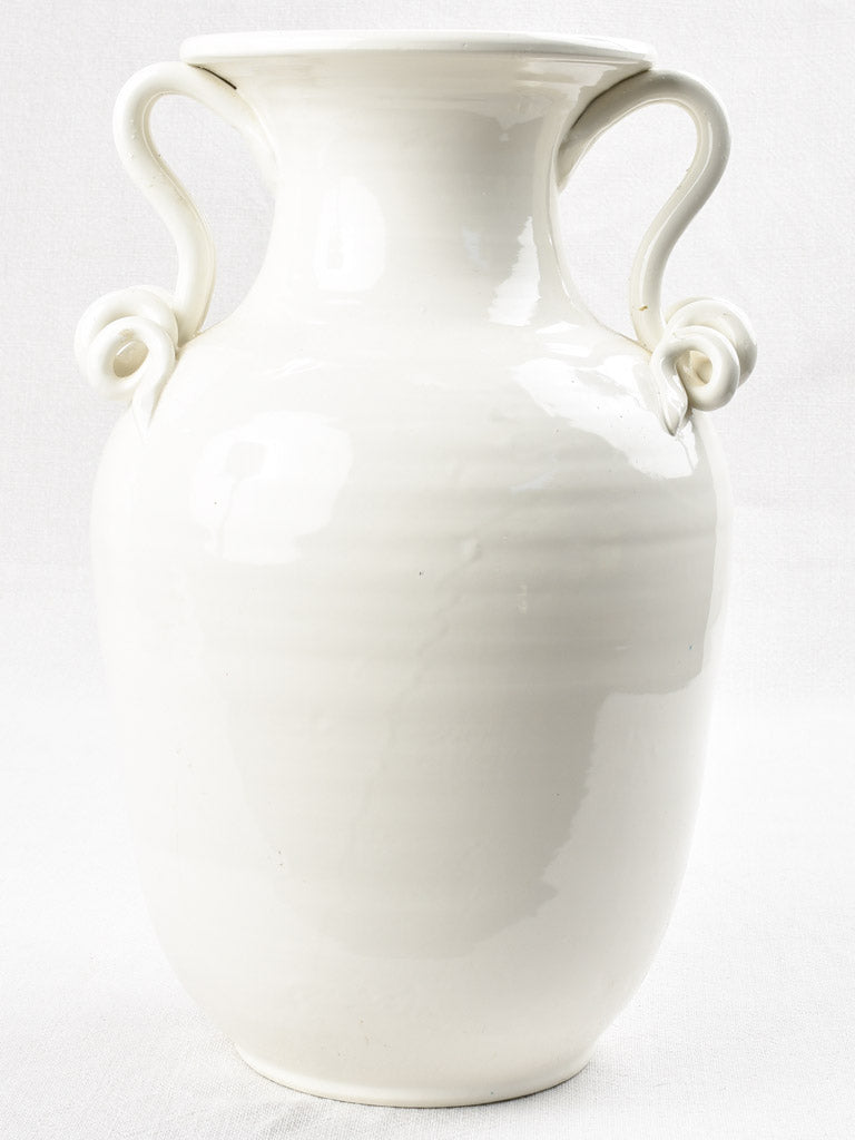 Pair white Emile Tessier vases with coil handles 14¼"