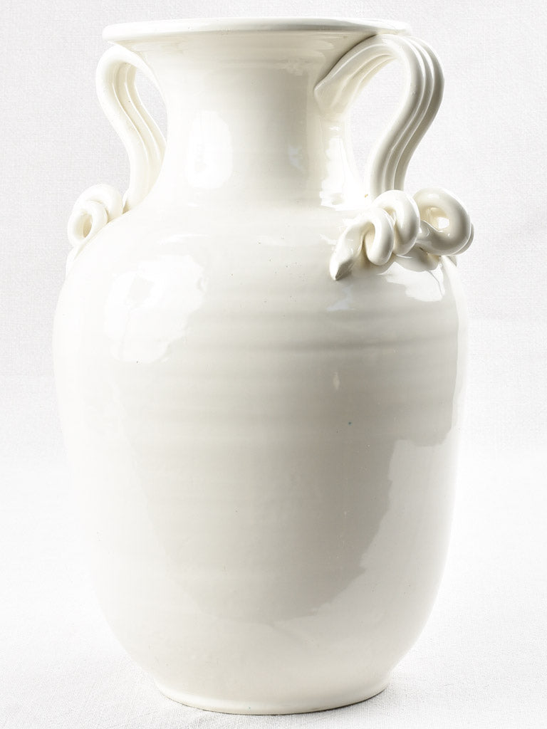 Pair white Emile Tessier vases with coil handles 14¼"