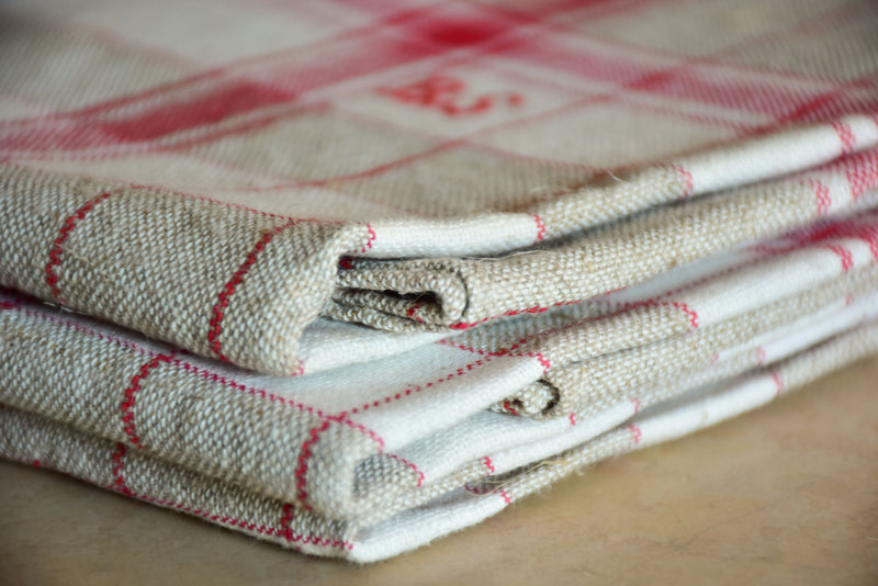 Large piece of checked French linen with 3 matching tea towels with RS monogram