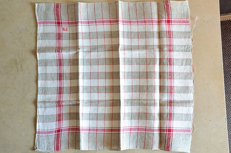 Large piece of checked French linen with 3 matching tea towels with RS monogram