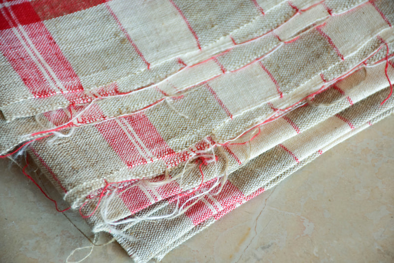 Large piece of checked French linen with 3 matching tea towels with RS monogram