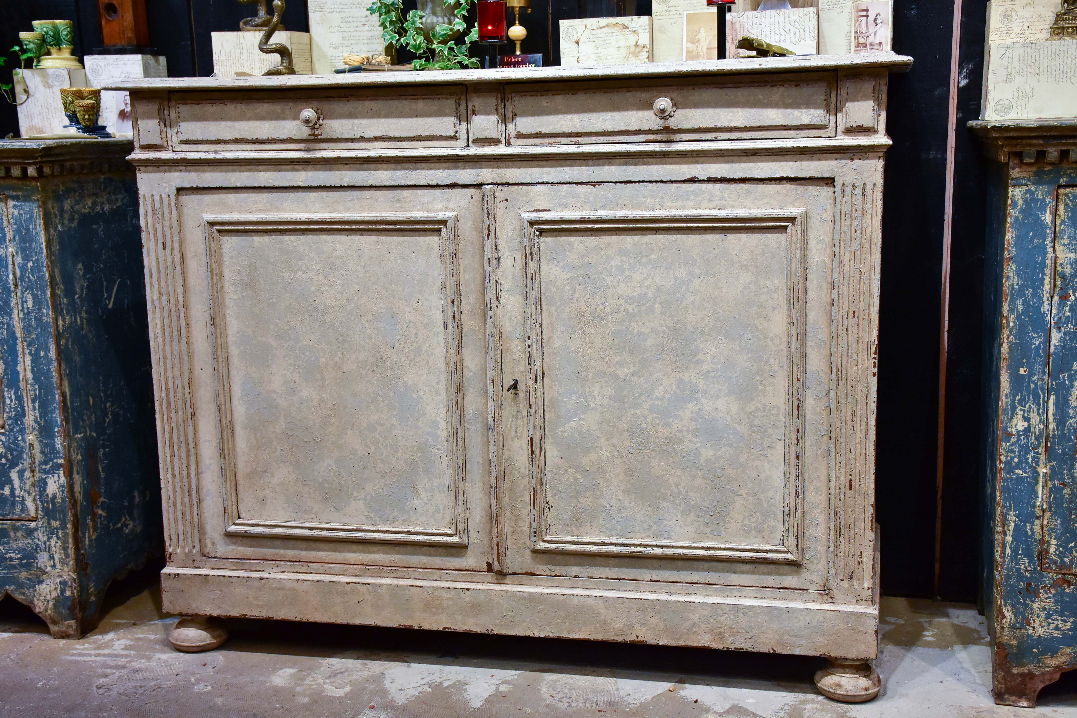 Antique French Louis XIV style buffet with beige / grey patina