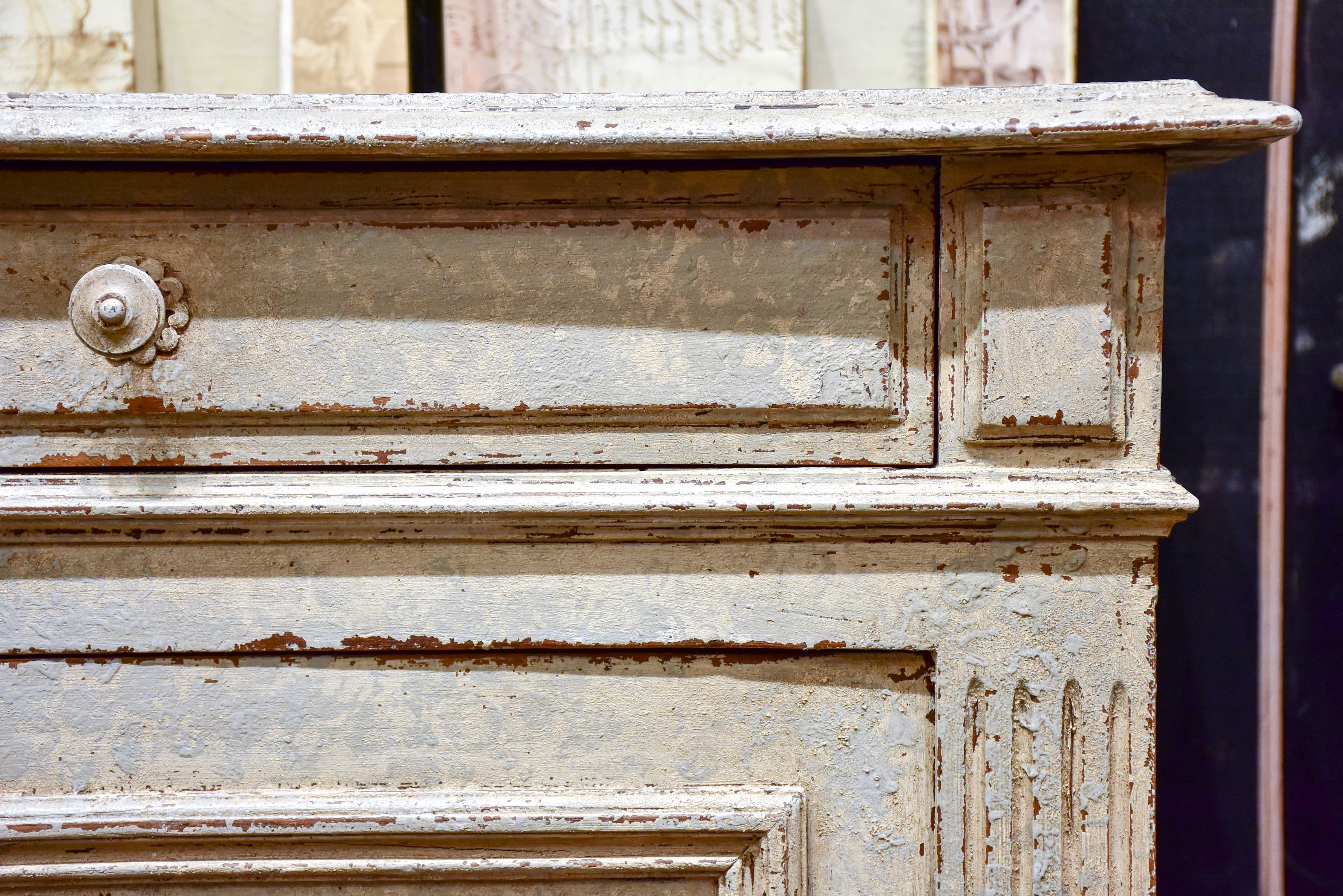 Antique French Louis XIV style buffet with beige / grey patina