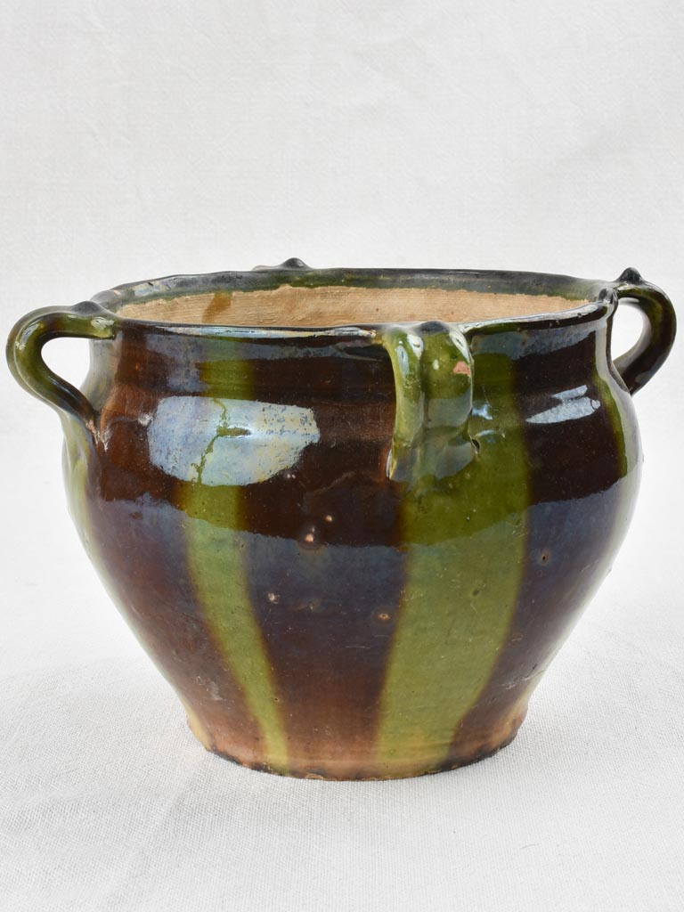 Green & black ceramic cache pot with 4 handles 8"