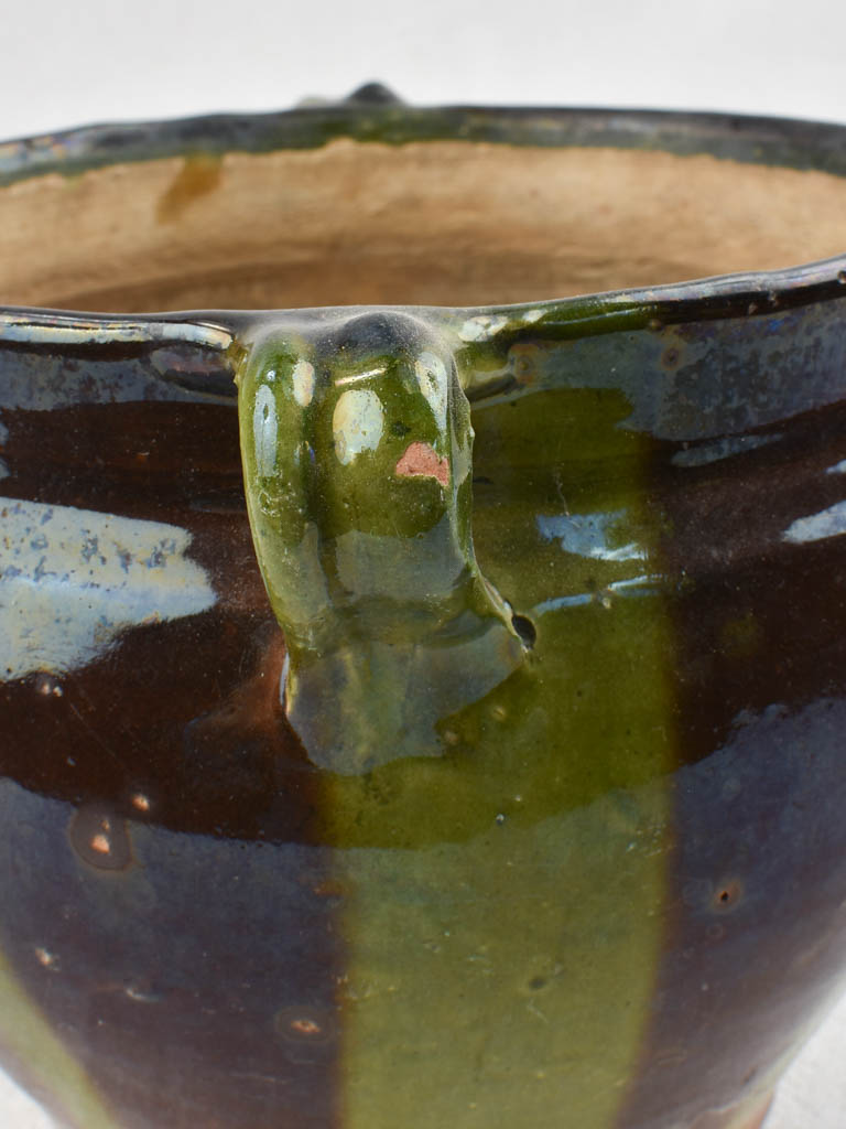 Green & black ceramic cache pot with 4 handles 8"