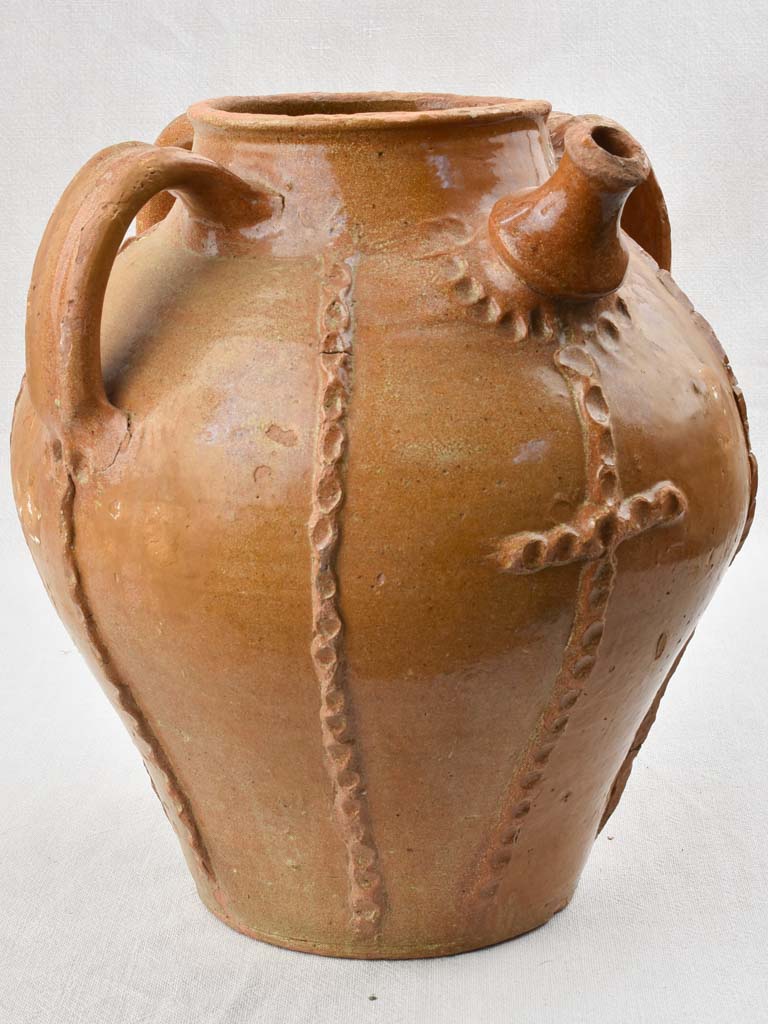 Antique French walnut oil pitcher with light brown glaze 13¾"