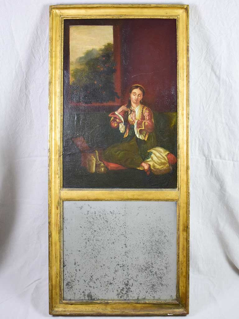 19th Century French trumeau mirror with oriental themed painting 51½" x 23¼"