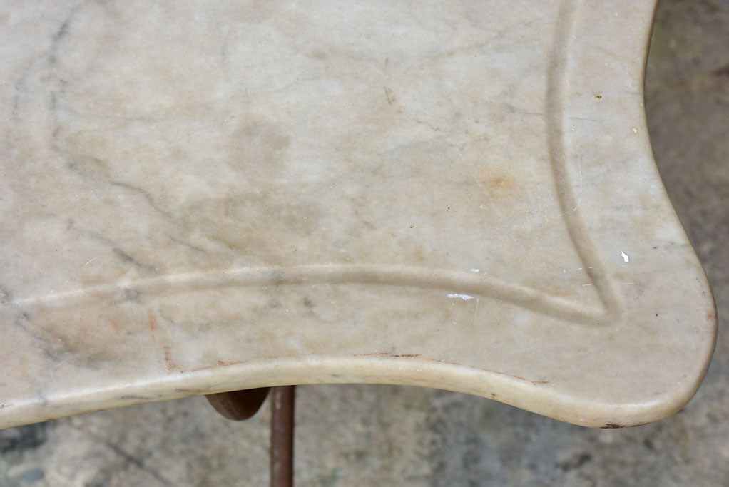 Antique French rectangular garden table with pretty feet and curved marble top 44" x 22½"