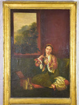 19th Century French trumeau mirror with oriental themed painting 51½" x 23¼"