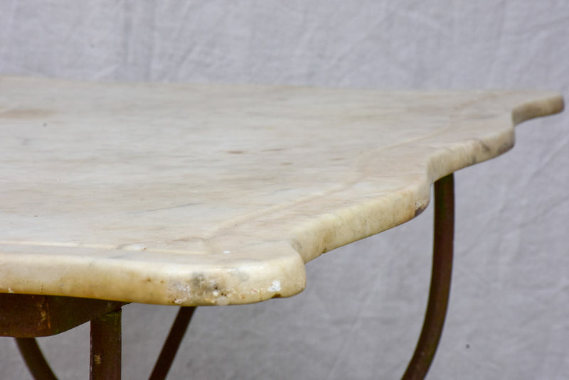 Antique French rectangular garden table with pretty feet and curved marble top 44" x 22½"
