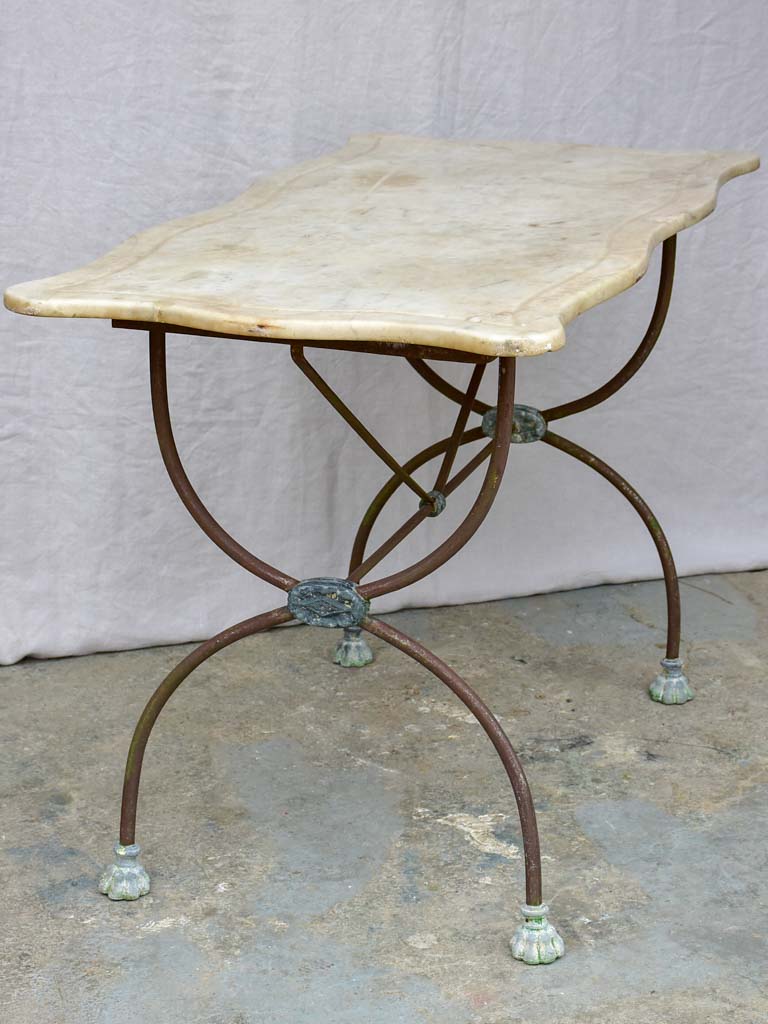 Antique French rectangular garden table with pretty feet and curved marble top 44" x 22½"
