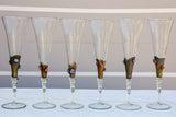 Set of six 1950's Murano glass champagne glasses with gemstones
