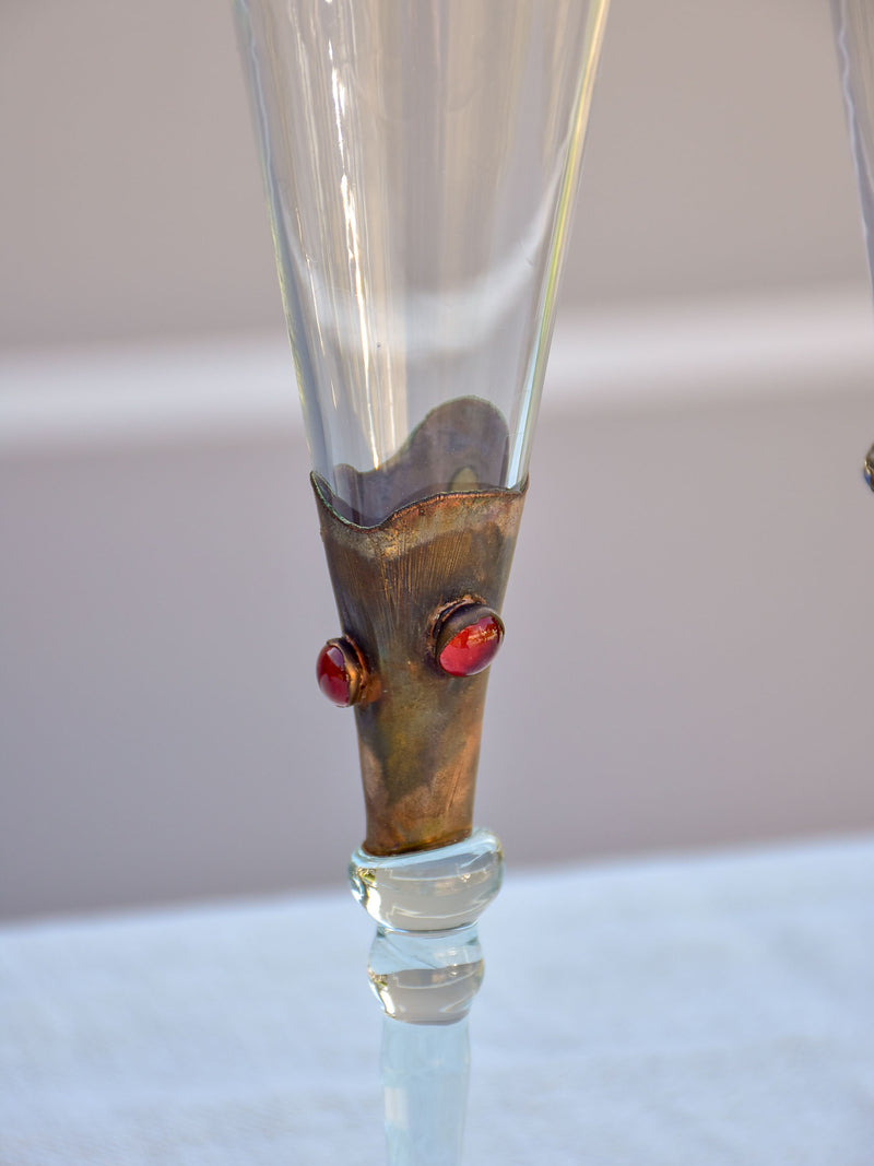 Set of six 1950's Murano glass champagne glasses with gemstones