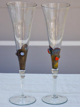 Set of six 1950's Murano glass champagne glasses with gemstones