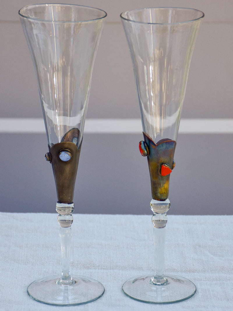 Set of six 1950's Murano glass champagne glasses with gemstones