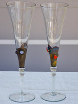 Set of ten 1950's Murano glass champagne glasses with gemstones