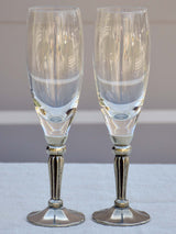 Six French mid-century crystal champagne flutes with pewter detail - signed