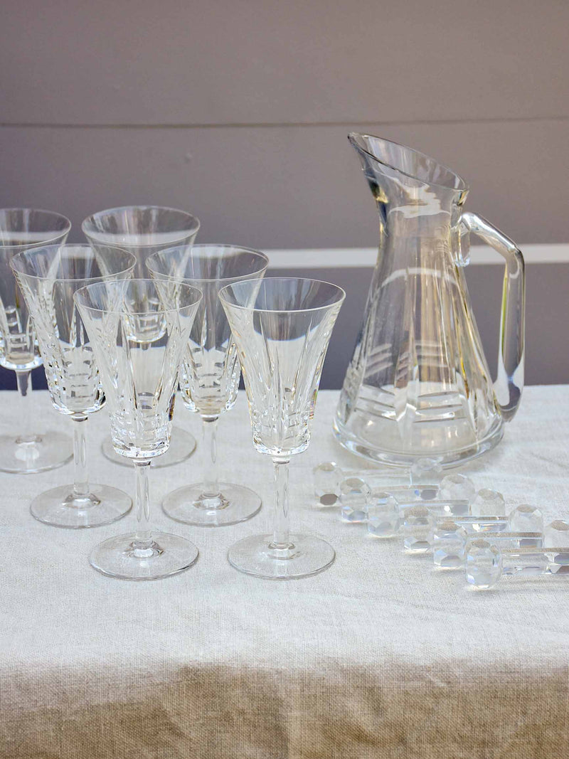 Vintage French crystal set of wine glasses, carafe and knife rests