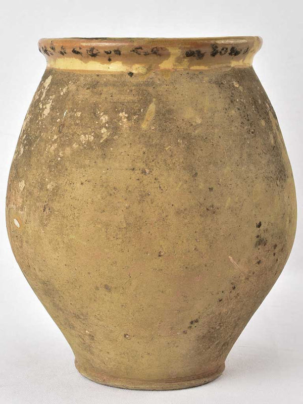 Large antique confit pot w/ yellow rim 11½"