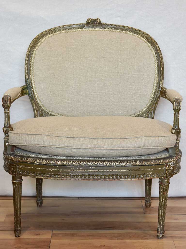 Fully Restored late 19th Century marquise armchair with dark green patina