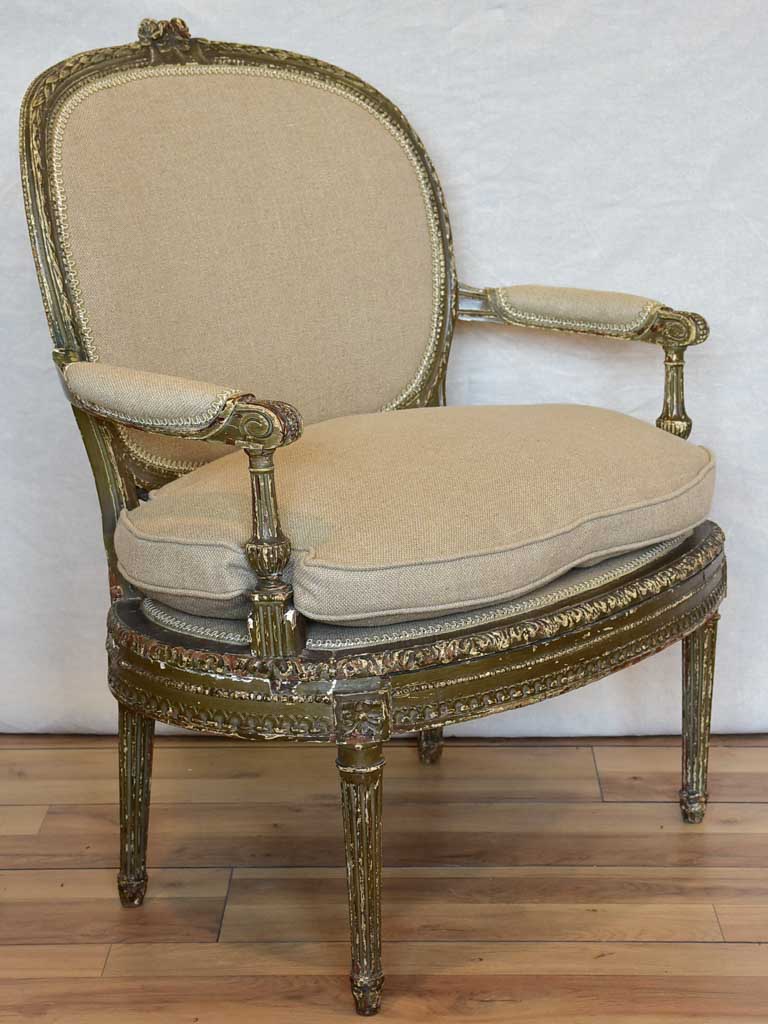 Fully Restored late 19th Century marquise armchair with dark green patina