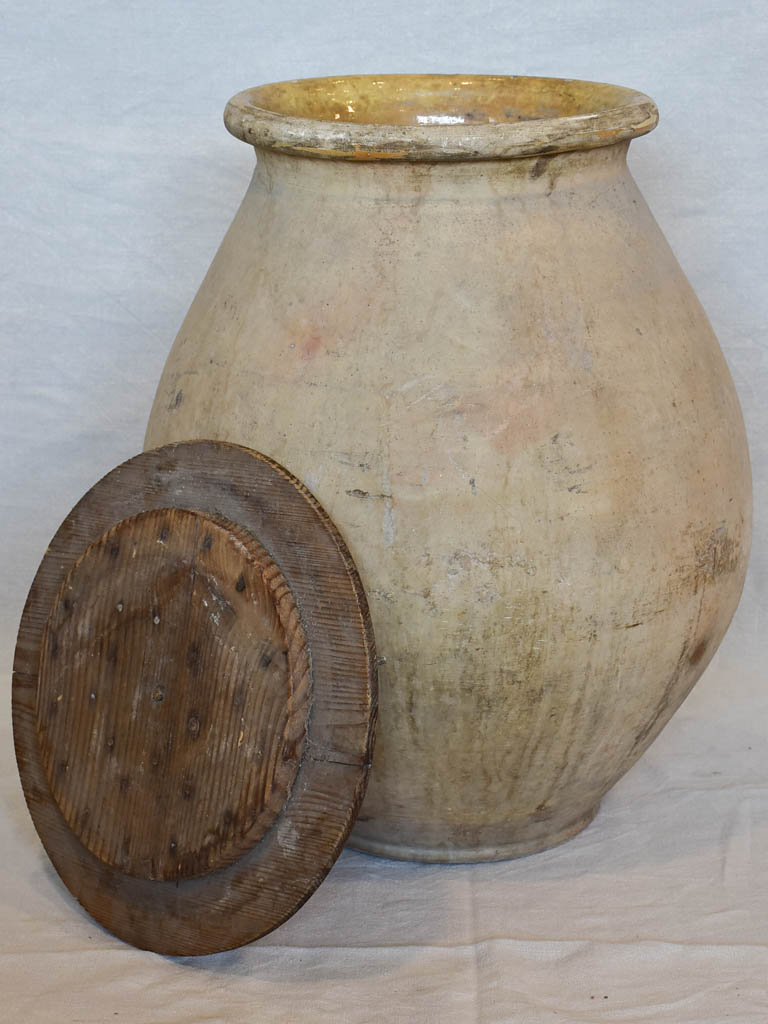Late 19th Century French olive jar with wooden lid 24¾"