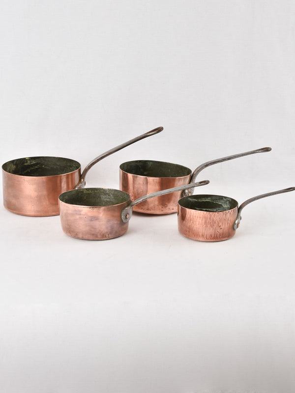4 antique French copper saucepans