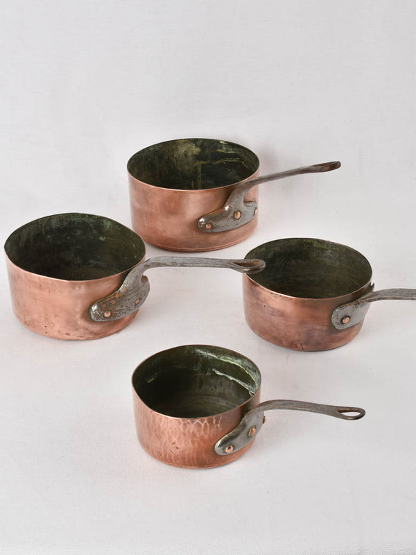 4 antique French copper saucepans