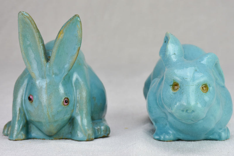RESERVED DB - Two Art Deco bunnies, blue earthenware