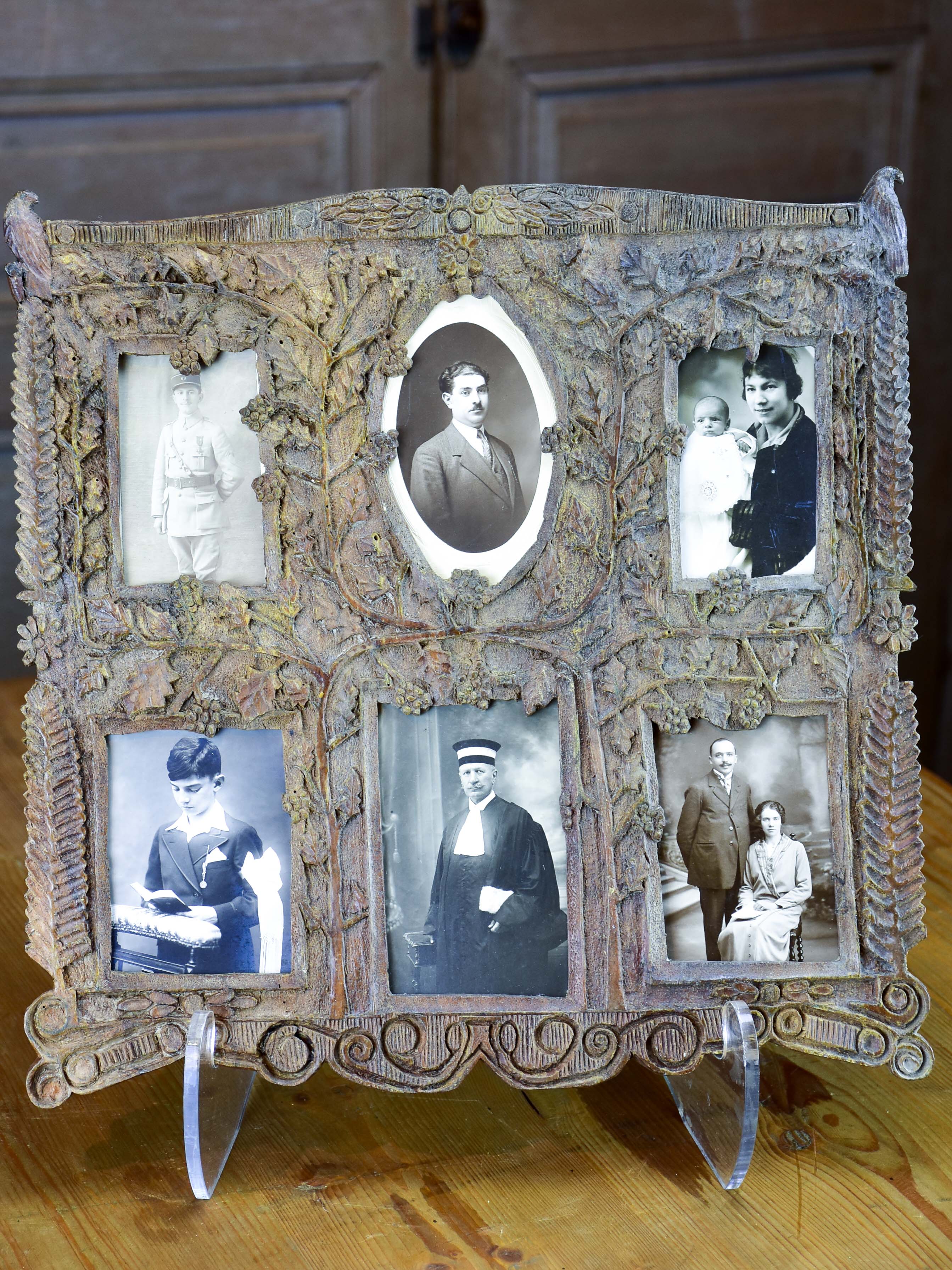 Antique French folk art family tree picture frame