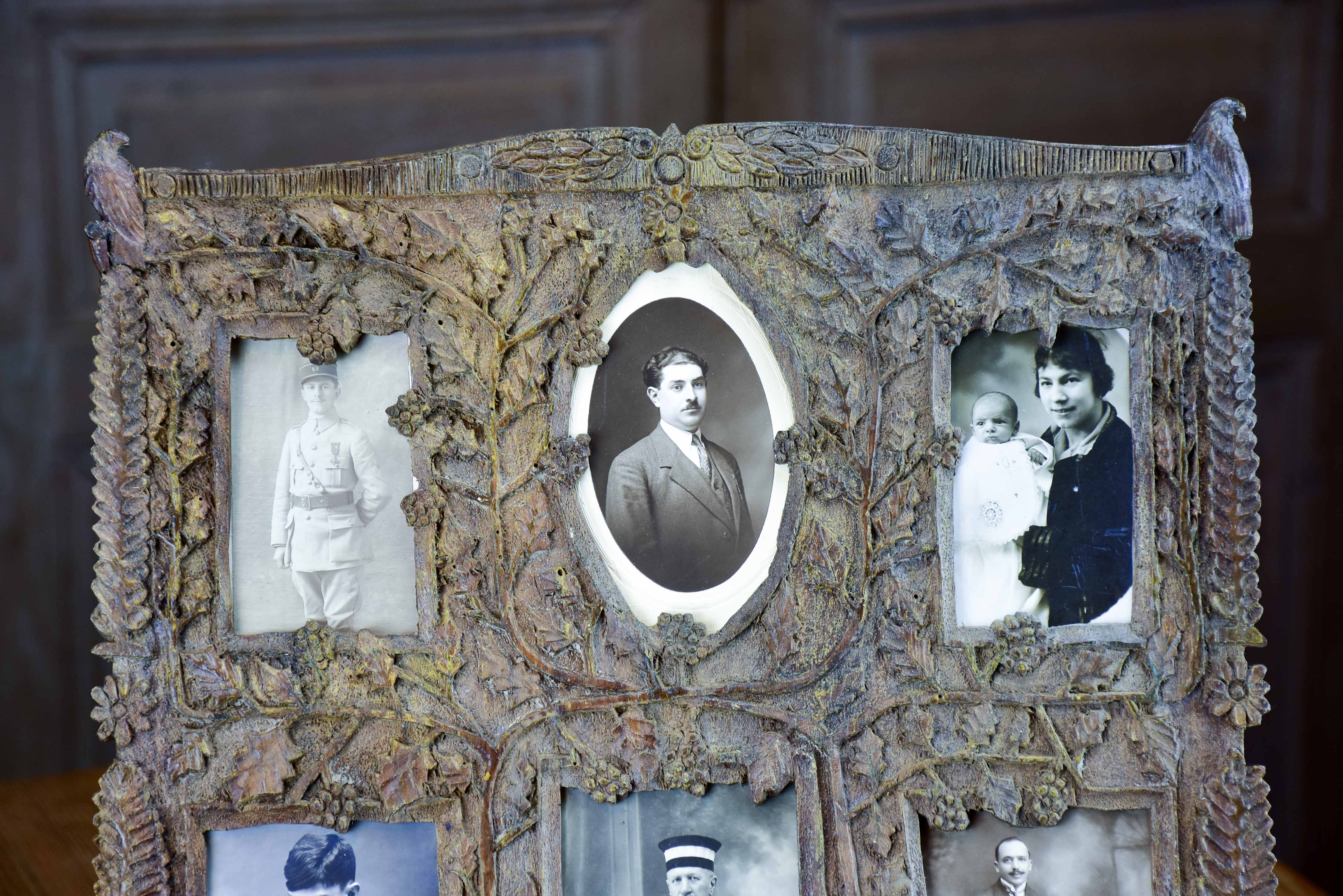 Antique French folk art family tree picture frame