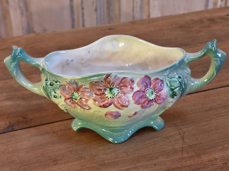 Antique Barbotine vase with pink flowers