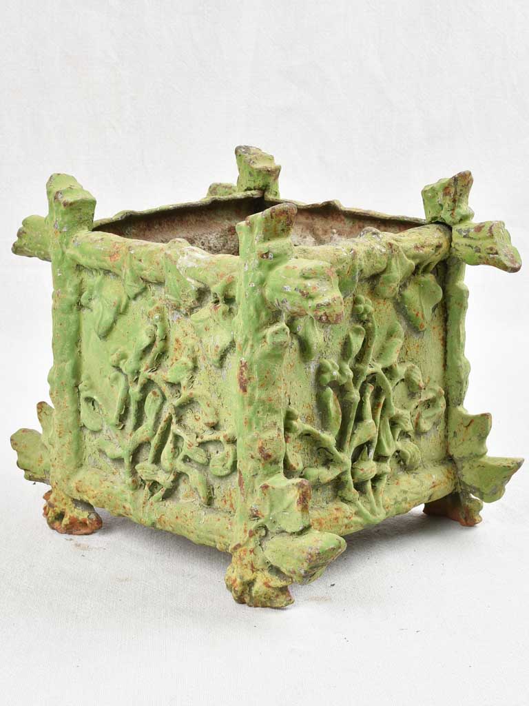 Antique cast iron planter - square with green patina 11½"
