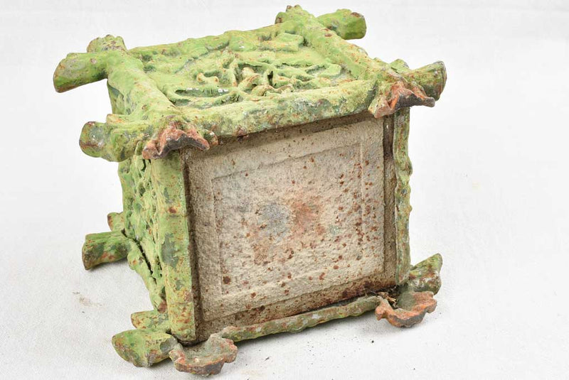 Antique cast iron planter - square with green patina 11½"