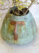 Antique French copper cauldron with two handles and blue patina