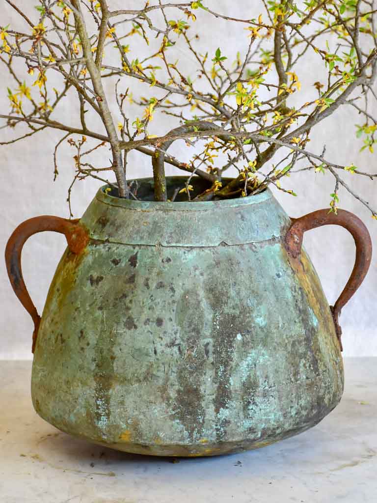 Antique French copper cauldron with two handles and blue patina