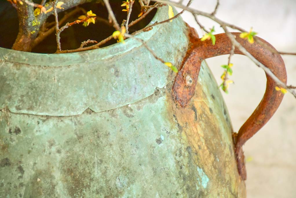Antique French copper cauldron with two handles and blue patina