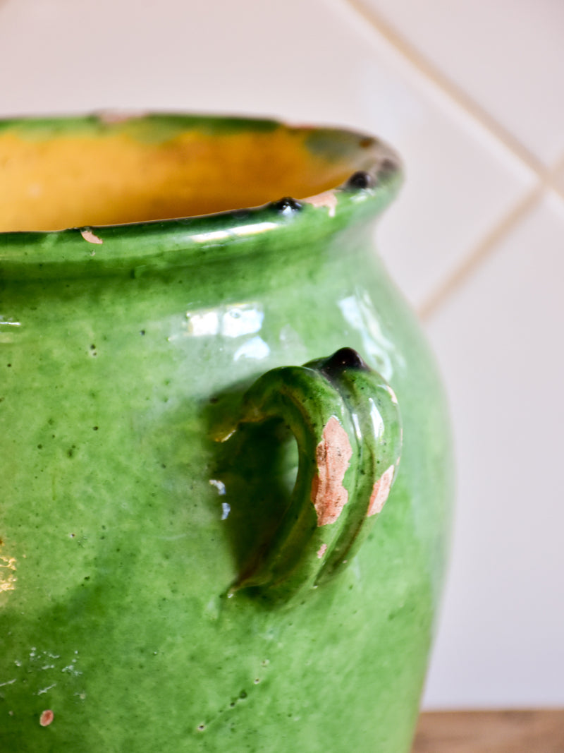 19th century confit pot with green and yellow glaze