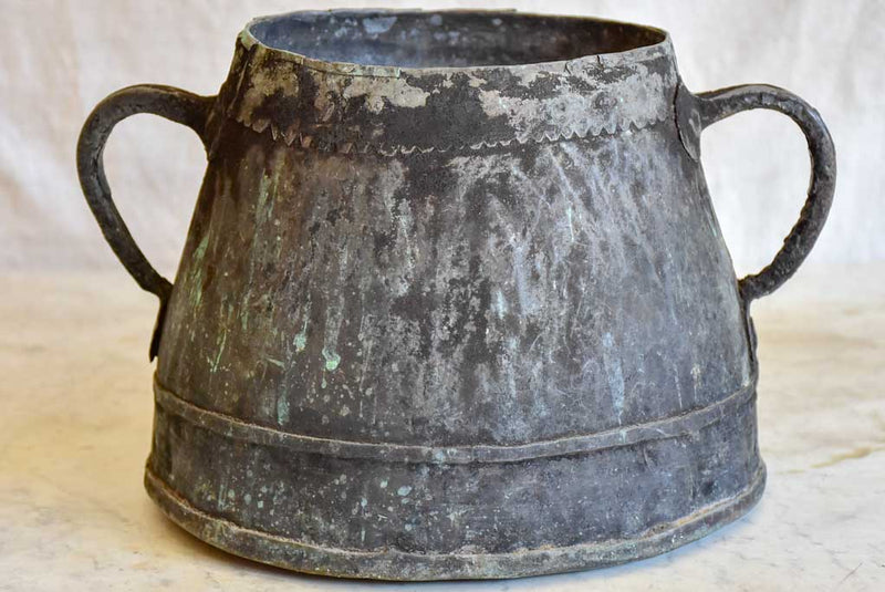 Antique French copper cauldron with two handles and black patina Chez Pluie