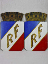 Pair of mid-century RF shields (Republique Francaise) 21¾" x 13"