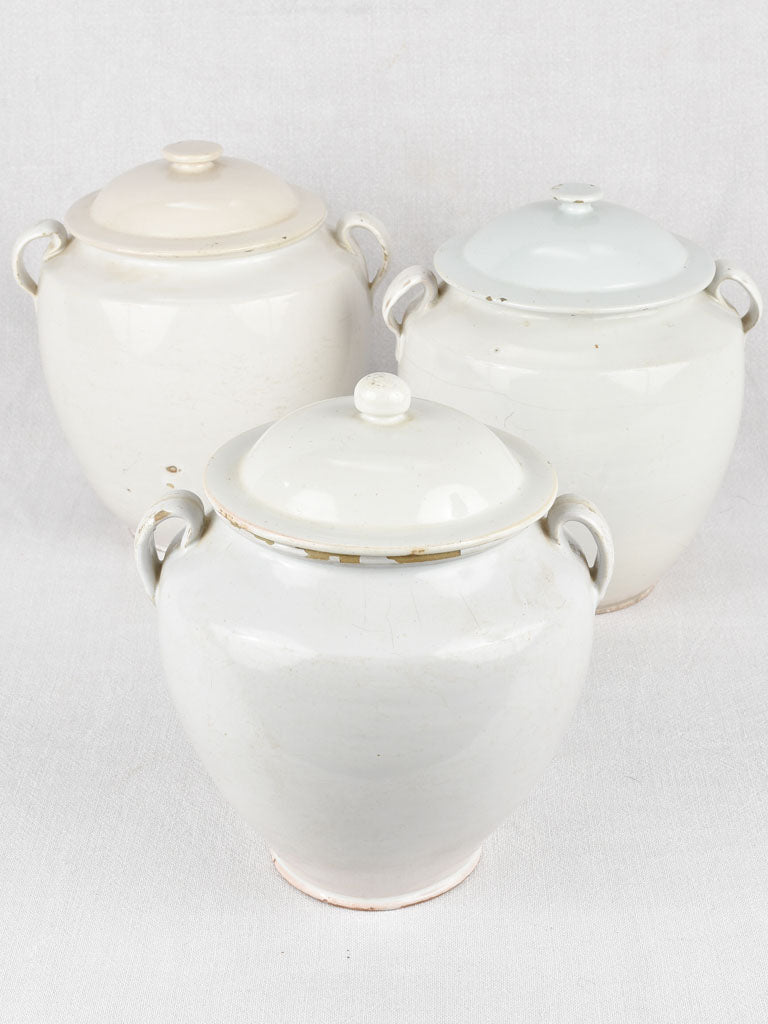 Preserving pots, white w/ lids (three)