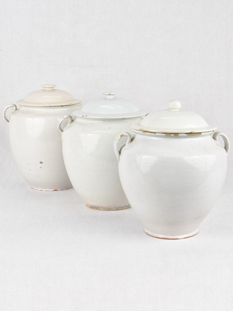 Preserving pots, white w/ lids (three)