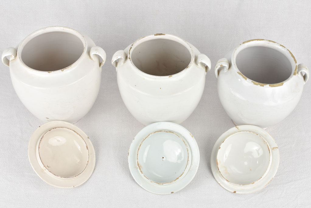 Preserving pots, white w/ lids (three)