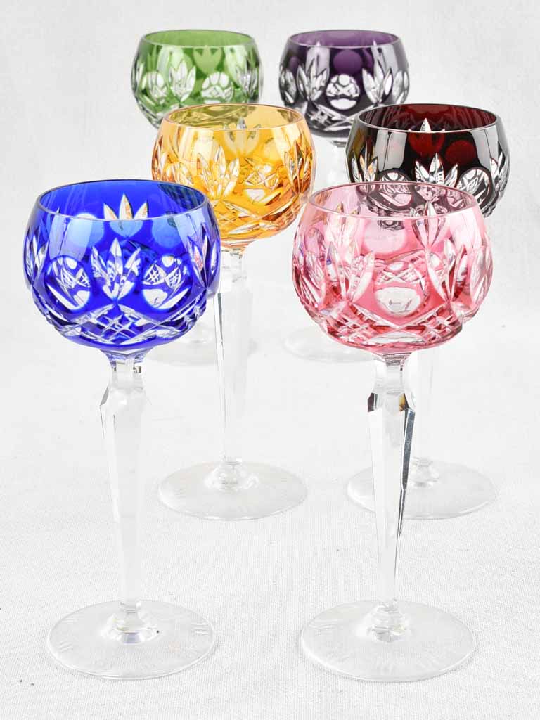 Set of 6 vintage multi color crystal wine glasses 8"