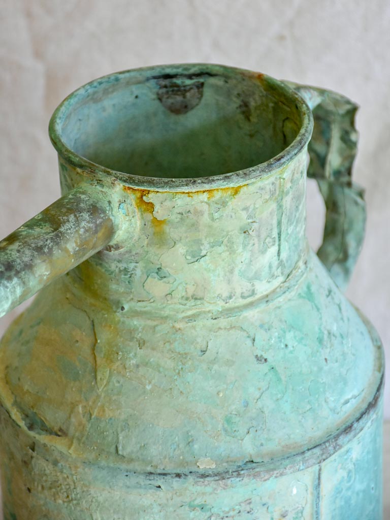 Antique French copper watering can with aqua blue patina