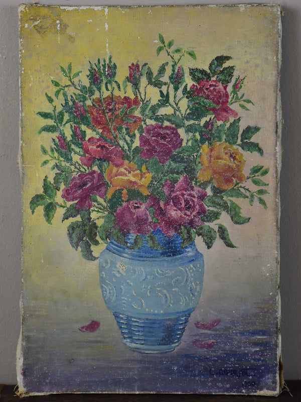 Small mid-century French painting of a bouquet of flowers 8 ¾'' x 13”