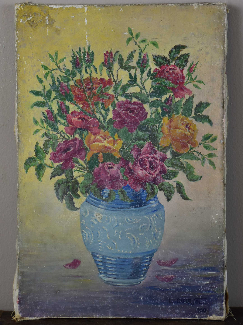 Small mid-century French painting of a bouquet of flowers 8 ¾'' x 13”