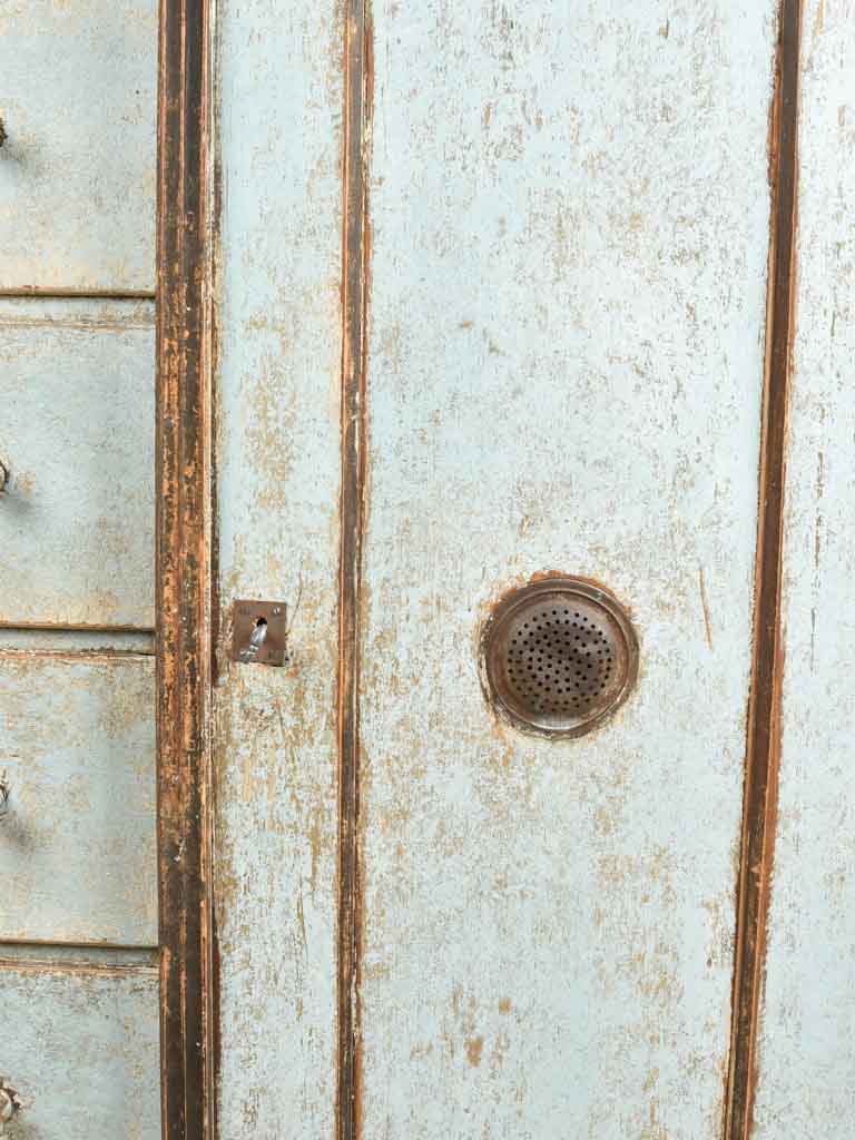 Antique food-store cupboard with blue patina 38½" x 67"